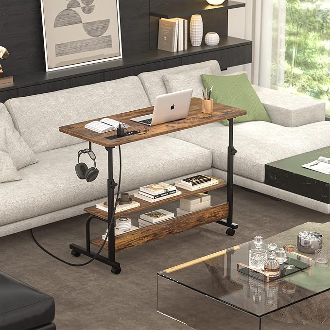 Height Adjustable Standing Desk with Power Outlets, 32" Manual Stand Up Desk with Storage Shelves Small Mobile Rolling Computer Desk Portable Laptop Table with Wheels for Home Office, Rustic - LeafyLoom