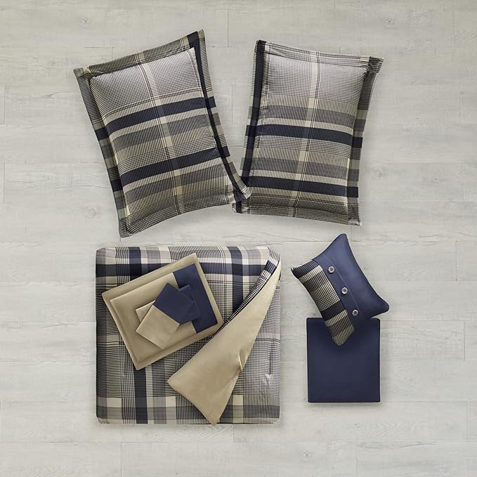 Intelligent Design Robbie Cozy Comforter Set Bed in A Bag, Modern Casual All Season Bedding Set, Matching Sham, Decorative Pillow, Navy/Tan, Twin XL, 7 Piece - LeafyLoom