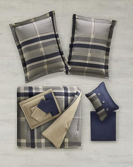 Intelligent Design Robbie Cozy Comforter Set Bed in A Bag, Modern Casual All Season Bedding Set, Matching Sham, Decorative Pillow, Navy/Tan, Twin, 7 Piece - LeafyLoom