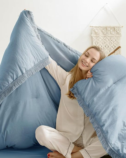 Andency Grayish Blue Comforter Set Full Size, 3 Pieces Boho Tassel Lightweight Bedding Comforter Sets, All Season Soft Fluffy Fringe Bed Set (79x90In Comforter & 2 Pillowcases) - LeafyLoom