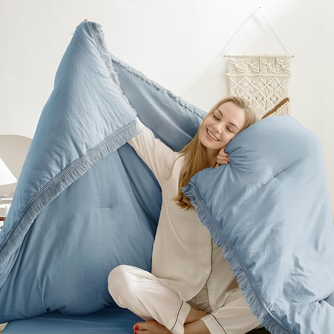 Andency Grayish Blue Comforter Set Full Size, 3 Pieces Boho Tassel Lightweight Bedding Comforter Sets, All Season Soft Fluffy Fringe Bed Set (79x90In Comforter & 2 Pillowcases) - LeafyLoom