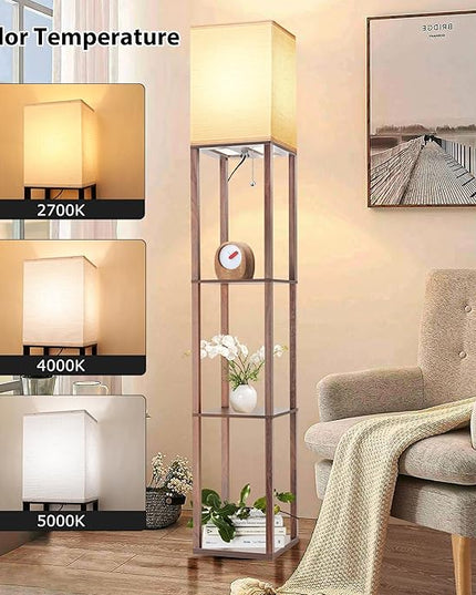 Floor Lamp with Shelves for Living Room Walnut Brown, Shelf Floor Lamp with 3 CCT LED Bulb, Corner Display Standing Column Lamp Etagere Organizer Tower Nightstand with White Linen Shade for Bedroom - LeafyLoom
