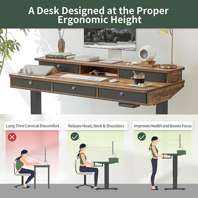 FEZIBO Height Adjustable Electric Standing Desk with 5 Drawers, 48 x 24 Inch Table with Storage Shelf, Sit Stand Desk Black Frame/Rustic Brown Top, 48 inch - LeafyLoom