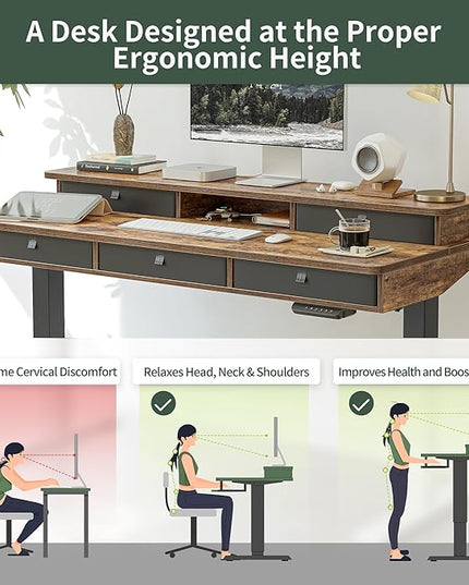 FEZIBO Height Adjustable Electric Standing Desk with 5 Drawers, 55 x 24 Inch Table with Storage Shelf, Sit Stand Desk Black Frame/Rustic Brown Top, 55 inch - LeafyLoom