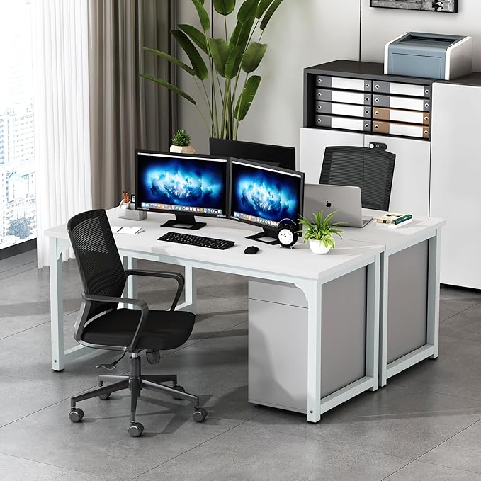 NSdirect Large Office Desk for Home Office, Large 63" Computer Desk Table, Wide Writing Study Desk for 2 Person, Metal Sturdy Frame Thicker Steel Legs, (White, 62.6" L x 22.8" W x 28.7" H) - LeafyLoom