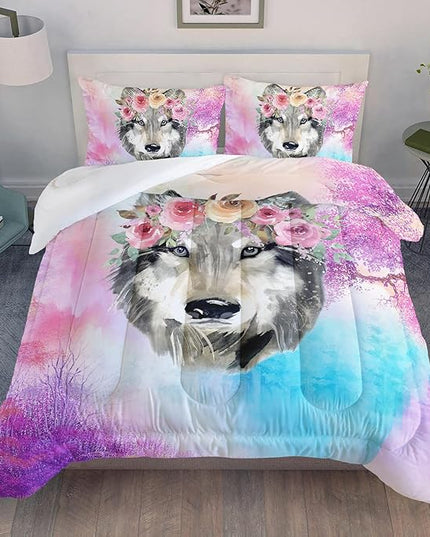 Wolf Comforter Set Tie Dye Wolf Bedding Set for Kids Teens Room Decor Romantic Pink Rose Wild Animals Comforter with 2 Pillowcases - LeafyLoom