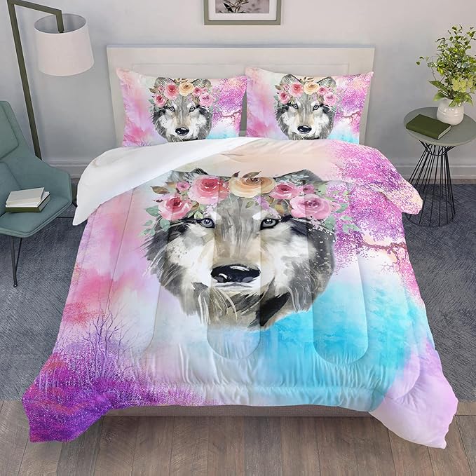 Wolf Comforter Set Tie Dye Wolf Bedding Set for Kids Teens Room Decor Romantic Pink Rose Wild Animals Comforter with 2 Pillowcases - LeafyLoom