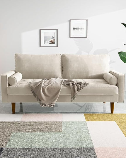 Velvet Furniture for Small Spaces, Mid-Century Modern Loveseats for Living Room, Love Seat Couch Sofas, 70 Inches, Beige - LeafyLoom