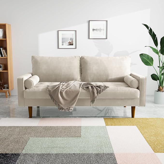 Velvet Furniture for Small Spaces, Mid-Century Modern Loveseats for Living Room, Love Seat Couch Sofas, 70 Inches, Beige - LeafyLoom