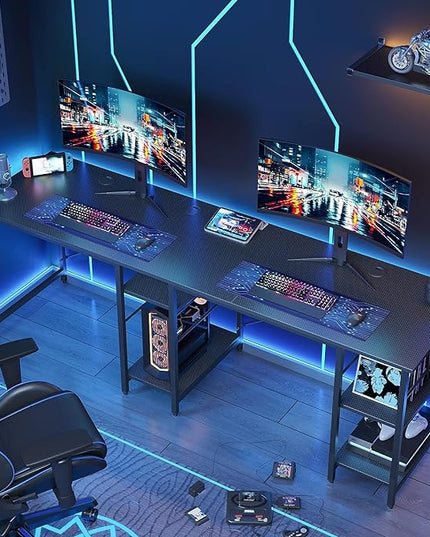Bestier L Shaped Desk with Shelves 86 Inch Reversible Corner Computer Desk or 2 Person Long Table for Home Office Large Gaming Writing Storage Workstation P2 Board with 3 Cable Holes, Carbon Fiber - LeafyLoom