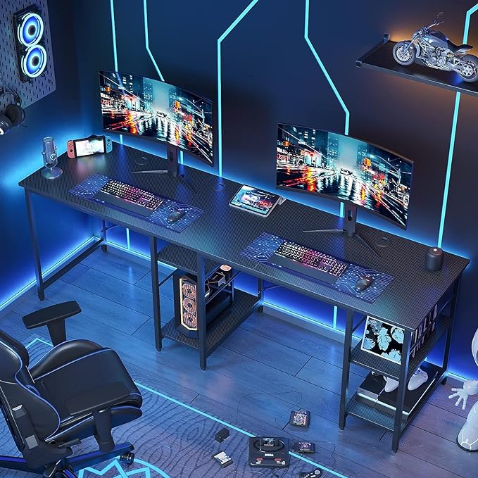 Bestier L Shaped Desk with Shelves 86 Inch Reversible Corner Computer Desk or 2 Person Long Table for Home Office Large Gaming Writing Storage Workstation P2 Board with 3 Cable Holes, Carbon Fiber - LeafyLoom