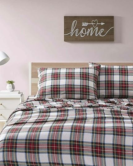 Comfort Spaces Cotton Flannel Breathable Warm Deep Pocket Sheets with Pillow Case Bedding, Queen, Red Plaid Scottish Plaid 4 Piece - LeafyLoom