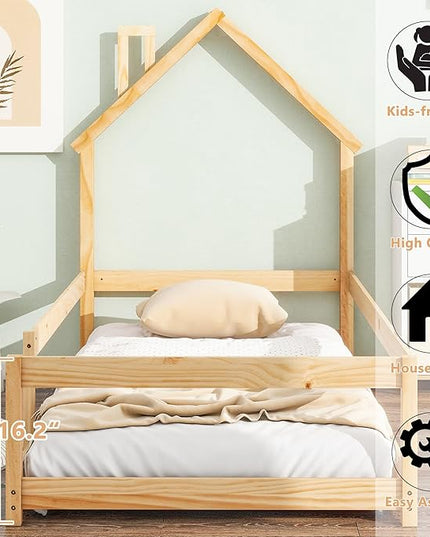 Bellemave Twin Size House-Shaped Headboard Floor Bed with Fence,Wooden Montessori Floor Bed for Kids,House Bed Twin Frame for Girls,Boys (Natural) - LeafyLoom
