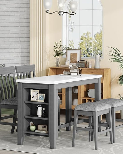 5-Piece Wooden Counter Height Dining Table Set with Faux Marble Veneer and Built-in Storage Shelves, 2 Upholstered Chairs and 2 Barstools, for Kitchen, Breakfast Nook, Bar, Living Room, Gray - LeafyLoom