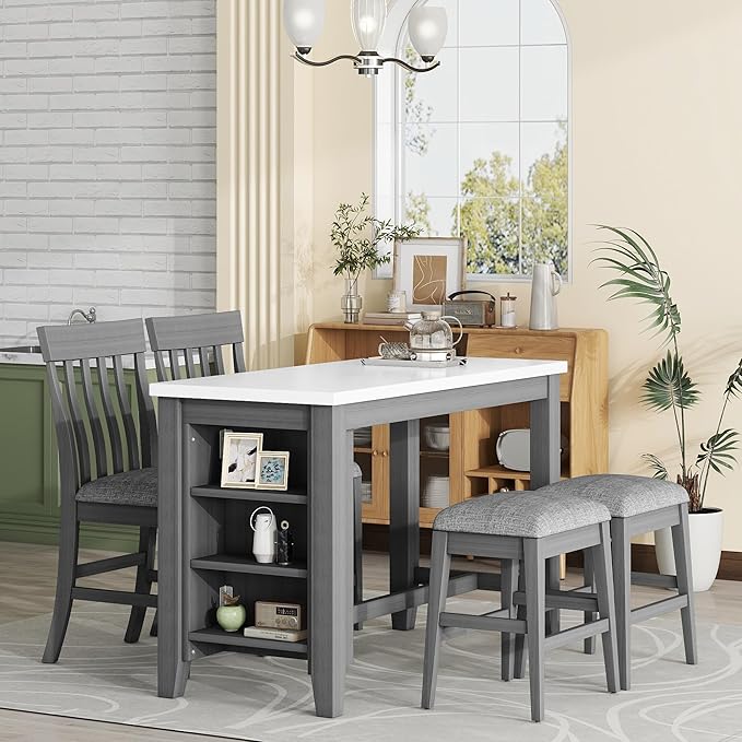 5-Piece Wooden Counter Height Dining Table Set with Faux Marble Veneer and Built-in Storage Shelves, 2 Upholstered Chairs and 2 Barstools, for Kitchen, Breakfast Nook, Bar, Living Room, Gray - LeafyLoom