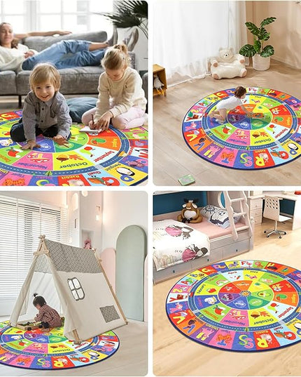 HEBE Kids Play Rug 4ft ABC Alphabet Numbers Shapes Educational Kid Area Rug Washable Baby Crawling Mat Non Slip Kid Play Mat Carpet for Girl Boy Bedroom Playroom - LeafyLoom