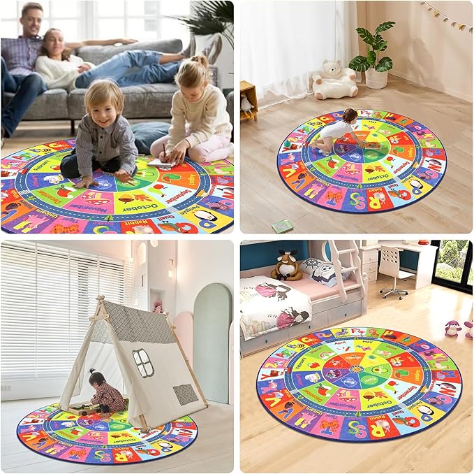 HEBE Kids Play Rug 4ft ABC Alphabet Numbers Shapes Educational Kid Area Rug Washable Baby Crawling Mat Non Slip Kid Play Mat Carpet for Girl Boy Bedroom Playroom - LeafyLoom