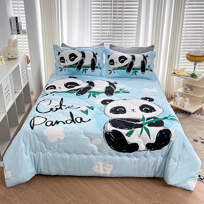 Wajade Kids Panda Comforter Set Bed in A Bag Twin Size 7 Piece Blue 3D Cute Panda Bamboo Clouds Bedding Set for Girls Boys (1 Comforter, 1 Flat Sheet, 1 Fitted Sheet, 2 Pillowcase and 2 Pillow Sham) - LeafyLoom