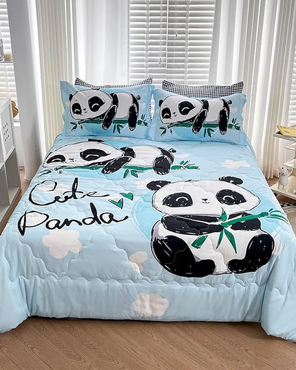 Wajade Kids Panda Comforter Set Bed in A Bag Full Size 7 Piece Blue 3D Cute Panda Bamboo Clouds Bedding Set for Girls Boys (1 Comforter, 1 Flat Sheet, 1 Fitted Sheet, 2 Pillowcase and 2 Pillow Sham) - LeafyLoom