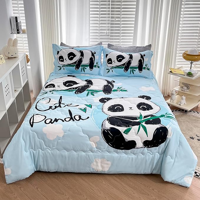 Wajade Kids Panda Comforter Set Bed in A Bag Full Size 7 Piece Blue 3D Cute Panda Bamboo Clouds Bedding Set for Girls Boys (1 Comforter, 1 Flat Sheet, 1 Fitted Sheet, 2 Pillowcase and 2 Pillow Sham) - LeafyLoom