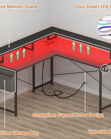 L Shaped Computer Desk with Power Outlets, Gaming Desk L Shaped with LED Lights, Corner Desk with Storage Shelves, Work Study Desk for Bedroom, Home Office Small Spaces, 47'', Carbon Fiber Black - LeafyLoom