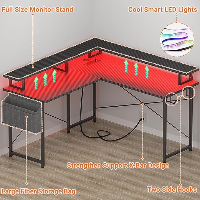 L Shaped Computer Desk with Power Outlets, Gaming Desk L Shaped with LED Lights, Corner Desk with Storage Shelves, Work Study Desk for Bedroom, Home Office Small Spaces, 47'', Carbon Fiber Black - LeafyLoom