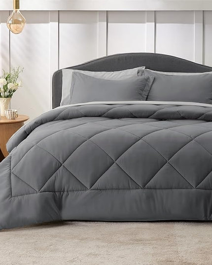 Bedsure Dark Grey Queen Comforter Set - 7 Pieces Reversible Queen Bed in a Bag, Queen Bed Set Dark Grey with Comforters, Sheets, Pillowcases & Shams - LeafyLoom