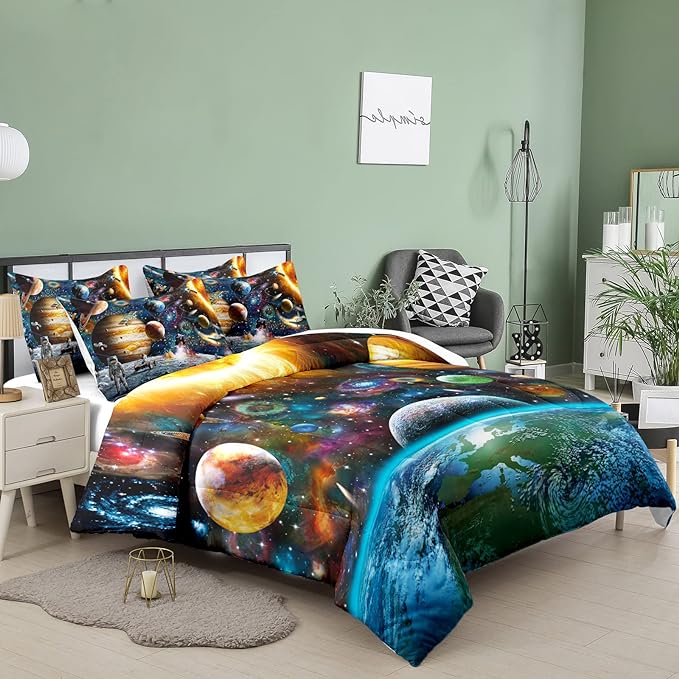 Tailor Shop Universe Galaxy Comforter Set for Girls Boys Kids Galaxy The Planet The Earth Astronaut Stars Outer Space Bedding Set King Size with 1 Comforter 2 Pillowcases - LeafyLoom