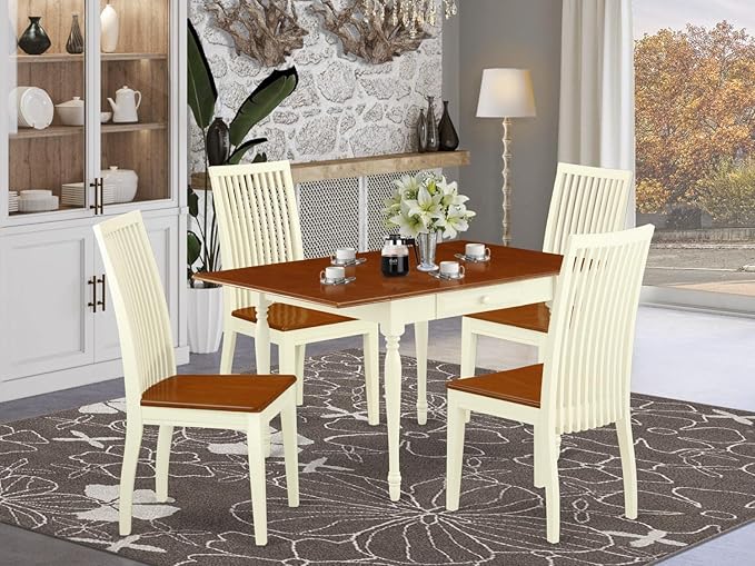 East West Furniture Monza 5 Piece Set Includes a Rectangle Dining Room Table with Dropleaf and 4 Wood Seat Chairs, 36x54 Inch, Buttermilk & Cherry - LeafyLoom