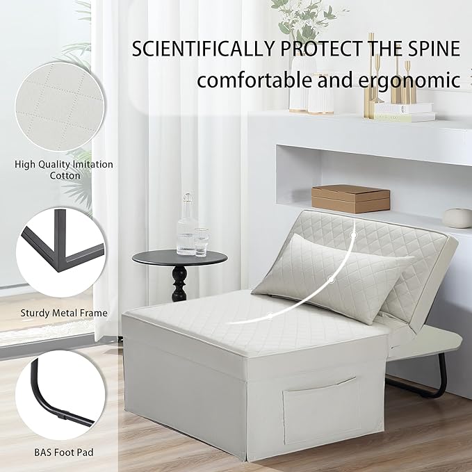 Sofa Bed, 4 in 1 Multi-Function Folding Ottoman Breathable Linen Couch Bed with Adjustable Backrest Modern Convertible Chair for Living Room Apartment Office,Squared-Linen White - LeafyLoom