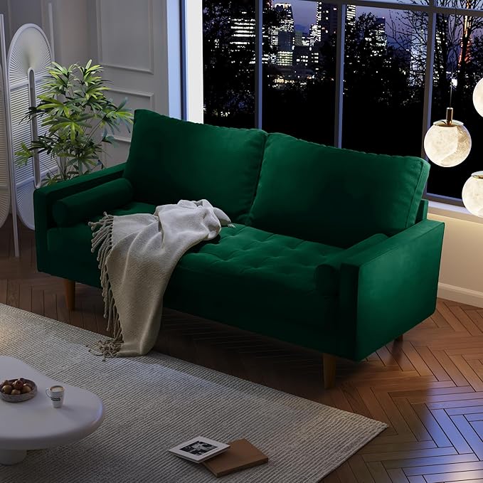 Velvet Furniture for Small Spaces, Mid-Century Modern Loveseats for Living Room, Love Seat Couch Sofas, 70 Inches, Green - LeafyLoom