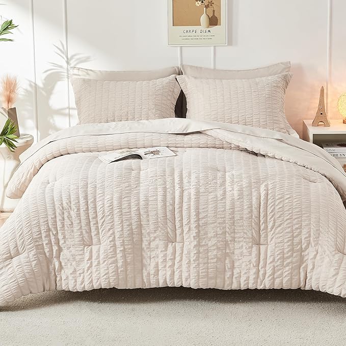 HYMOKEGE Seersucker Comforter Set Full Size 3 Pieces, Lightweight Comforter Sets for Bedding, Bed Set with 1 All Season Soft Down Alternative Comforter and 2 Pillow Shams, Beige - LeafyLoom
