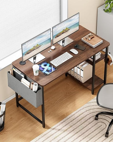 Computer Desk, 47.2” Home Office Desks, Modern Small Desk for Bedroom, Gaming Desk with Iron Hook and Height Adjustable Feet, Sturdy Student Writing Desk with Storage Bag, Storage Shelves - LeafyLoom