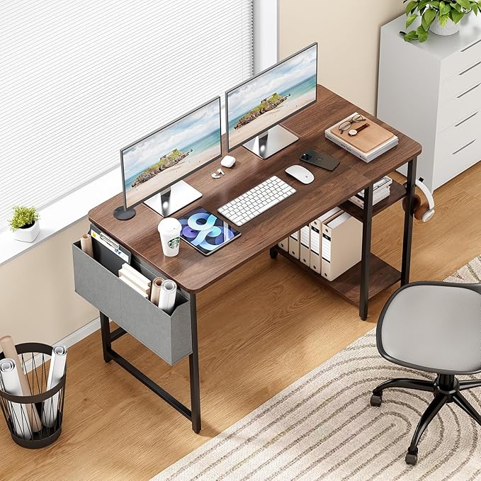 Computer Desk, 47.2” Home Office Desks, Modern Small Desk for Bedroom, Gaming Desk with Iron Hook and Height Adjustable Feet, Sturdy Student Writing Desk with Storage Bag, Storage Shelves - LeafyLoom