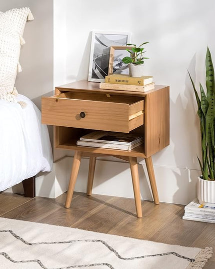 Walker Edison Mid Century Modern 1 Nightstand Bedroom Storage Drawer and Shelf Bedside End Table, 24 Inch, Natural Pine - LeafyLoom