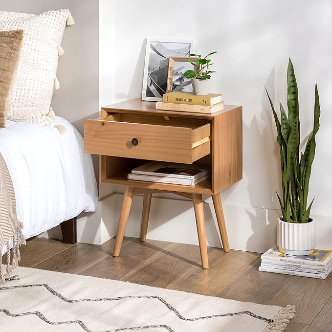 Walker Edison Mid Century Modern 1 Nightstand Bedroom Storage Drawer and Shelf Bedside End Table, 24 Inch, Natural Pine - LeafyLoom