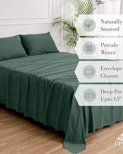 Linen Home Washed Cotton Percale King Sheet Set, Dark Olive, Deep Pocket, 4 Pieces Bed Sheets - 1 Flat Sheet, 1 Fitted Sheet & 2 Envelope Closure Pillowcases, Cool and Comfortable Bed Linen - LeafyLoom