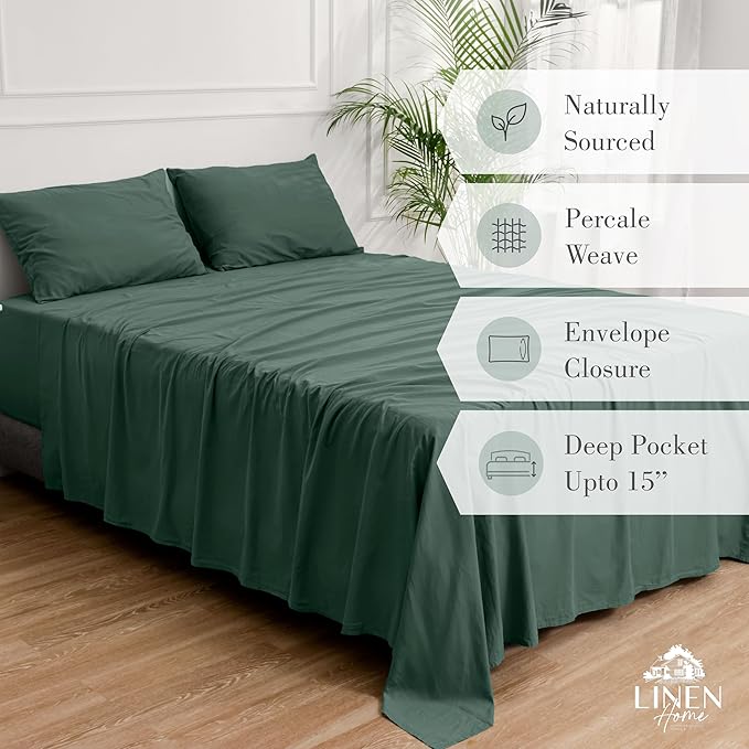 Linen Home Washed Cotton Percale King Sheet Set, Dark Olive, Deep Pocket, 4 Pieces Bed Sheets - 1 Flat Sheet, 1 Fitted Sheet & 2 Envelope Closure Pillowcases, Cool and Comfortable Bed Linen - LeafyLoom