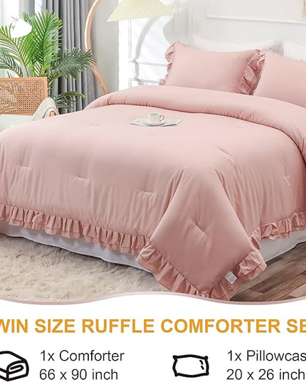 Blush Pink Double Ruffle Comforter Set Twin Size (66x90 Inch), 2 Pcs Farmhouse Vintage Comforter Set (1 Ruffled Comforter and 1 Pillowcase), Rustic All Season Down Alternative Bedding Set - LeafyLoom