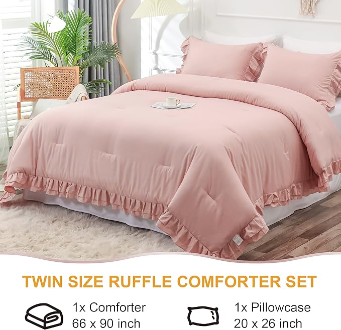Blush Pink Double Ruffle Comforter Set Twin Size (66x90 Inch), 2 Pcs Farmhouse Vintage Comforter Set (1 Ruffled Comforter and 1 Pillowcase), Rustic All Season Down Alternative Bedding Set - LeafyLoom