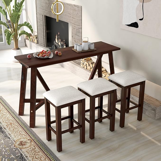 Multipurpose Dining Table Set with 3 Upholstered Stools, Easy to Assemble, Weight Capacity 350 LBS, for Living, Guest Room, Home Bar, Kitchen, Dark Walnut, 4-Piece - LeafyLoom