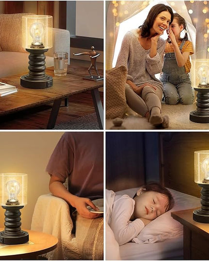 Industrial Table Lamp with Seeded Glass Shade, Small Table Lamp for Small Spaces, Touch Lamp with USB C and A Ports, Black Vintage Desk Lamp for Living Room, Bedroom, Den - LeafyLoom