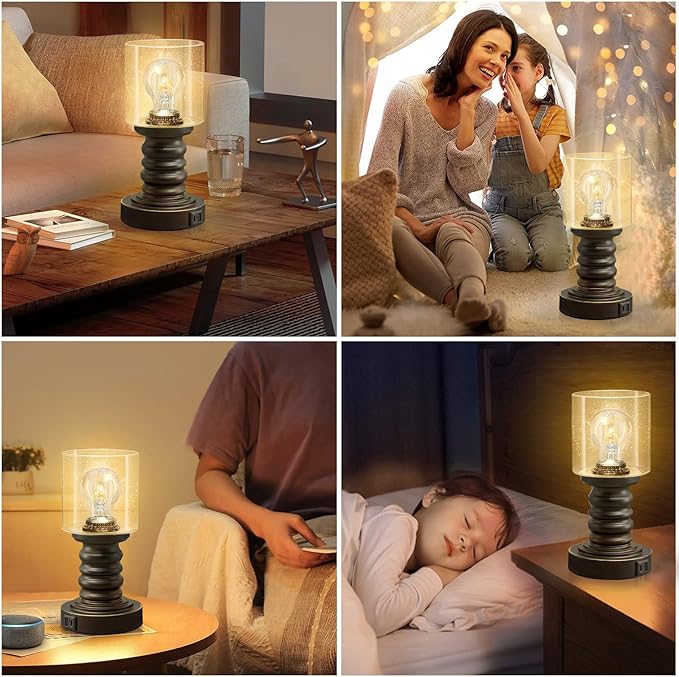 Industrial Table Lamp with Seeded Glass Shade, Small Table Lamp for Small Spaces, Touch Lamp with USB C and A Ports, Black Vintage Desk Lamp for Living Room, Bedroom, Den - LeafyLoom