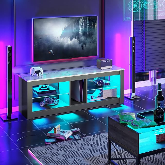 Bestier White Marble TV Stand LED Entertainment Center Gaming TV Stand for 55 Inch TV RGB Television Stand with 2 Adjustable Glass Shelves PS4 Game Console Cabinet for Living Room - LeafyLoom