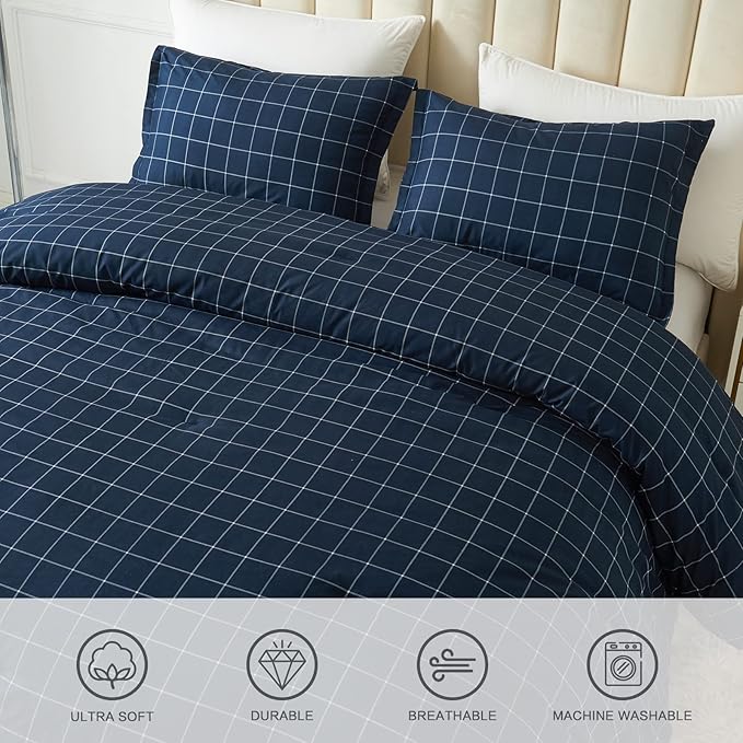 Andency Navy Grid Comforter Set Twin Size (66x90 Inch), 2 Pieces(1 Grid Comforter and 1 Pillowcase), Summer Lightweight Microfiber Down Alternative Navy Comforter with White Lines for Kids Girls - LeafyLoom