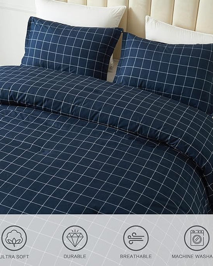 Andency Navy Grid Comforter Set Queen Size (90x90 Inch), 3 Pieces(1 Grid Comforter and 2 Pillowcases), Summer Lightweight Microfiber Down Alternative Navy Comforter with White Lines - LeafyLoom