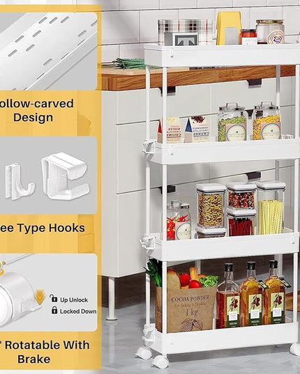 SPACEKEEPER Slim Rolling Storage Cart 4 Tier Bathroom Organizer Mobile Shelving Unit Utility Cart Tower Rack for Kitchen Laundry Narrow Places, White - LeafyLoom