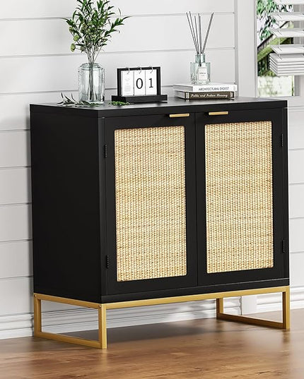 Anmytek Rattan Sideboard Buffet Kitchen Storage Cabinet with 2 Doors, Modern Black Accent Cabinet for Kitchen Buffet Cabinet with Storage for Kitchen - LeafyLoom