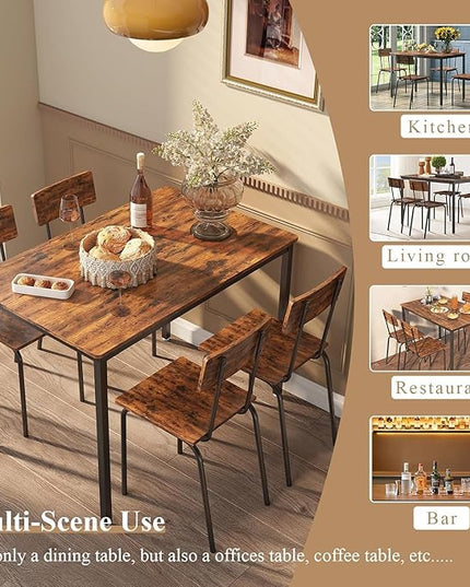 4 Chairs Dining Table Set for 4-8, Modern Space Saving Kitchen Desk, Wooden Industrial Style Farmhouse, 43", Brown - LeafyLoom