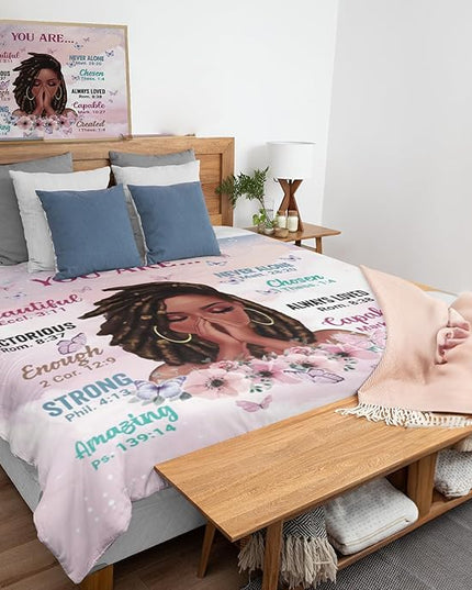 Kids Comforter Sets Queen Size, Prayer Girl and African American Girl Inspirational Quotes with Floral Butterfly, Teens Bedding Sets for Girls Women (Queen, Pink White) - LeafyLoom